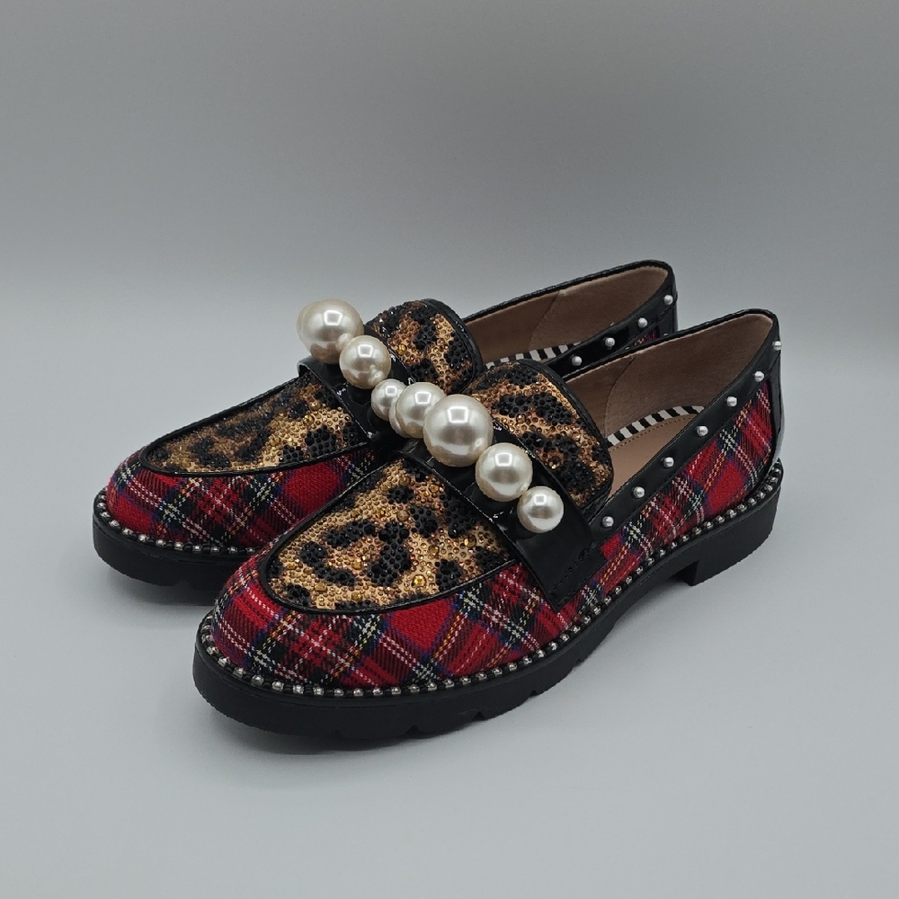 Betsey Johnson Red Plaid and Leopard Loafers with Pearl Accents